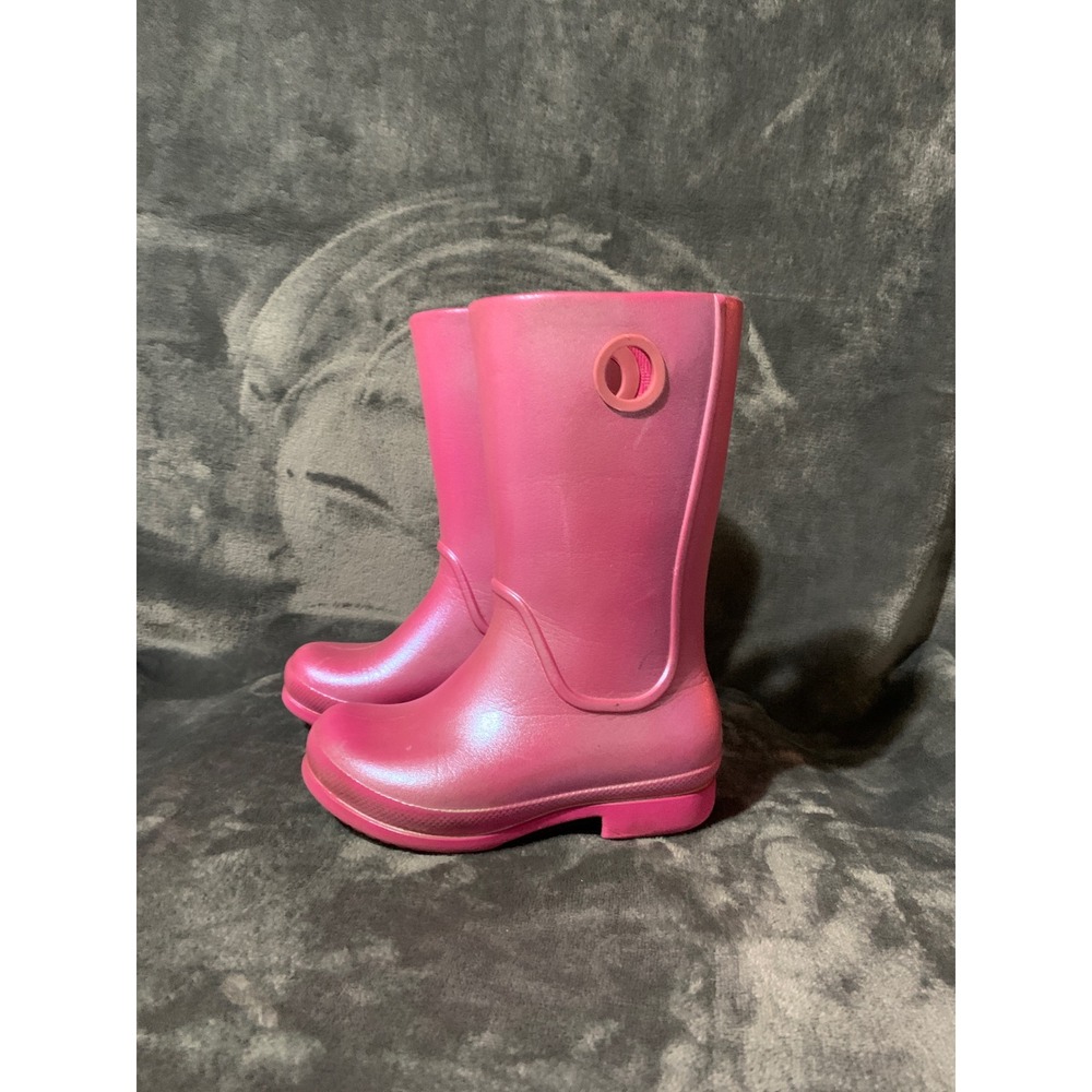 Crocs Rain Boot Kids Size 10 Handle It Pink Pearlescent Shimmer Waterproof EUC